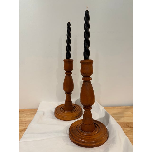 Pair of Hand Turned Vintage Wooden Candle Stick Holders With Velvet Bottoms For Sale - Image 4 of 7