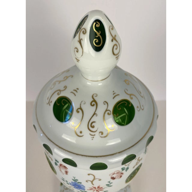 French Country Bohemian Czech Glass Pottery, Set of 3 Green & White Decorative Objects For Sale - Image 3 of 9
