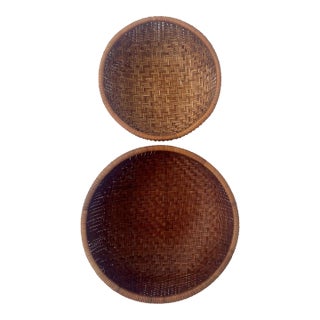 2 Graduated Woven Wicker Rattan Winnowing Round Basket Bowls- a Pair For Sale