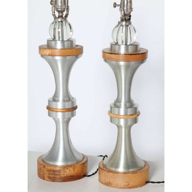 Mid-Century Modern 1950s Russel Wright Spun Aluminum, Maple and Crystal Ball Table Lamps - A Pair For Sale - Image 3 of 12