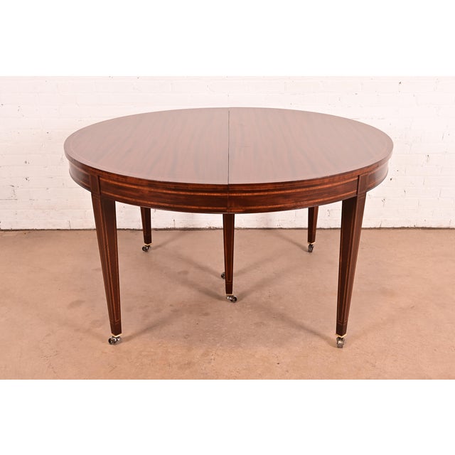 Baker Furniture Style Federal Inlaid Mahogany Extension Dining Table With Six Leaves, Newly Refinished For Sale - Image 16 of 16