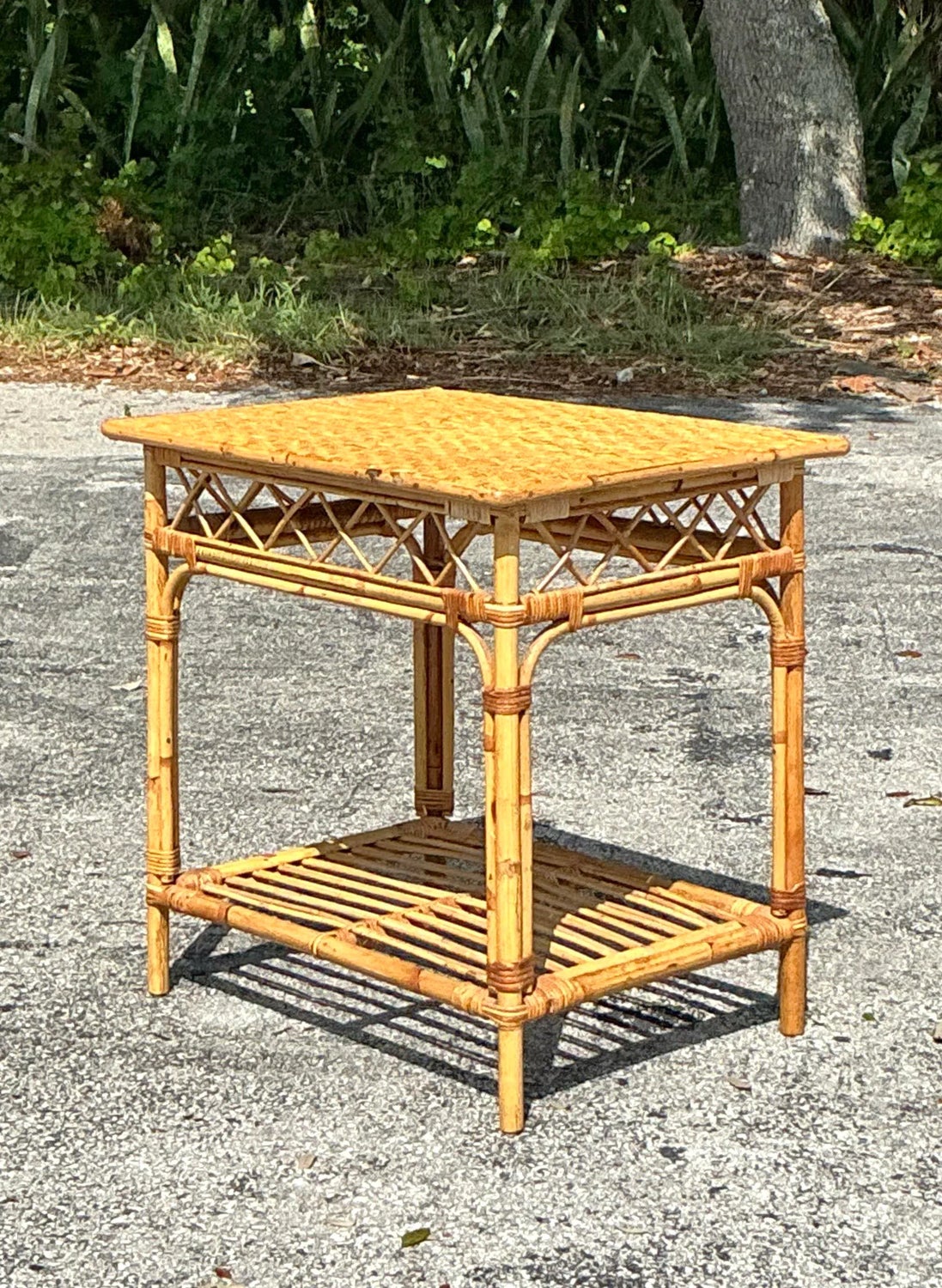 Vintage Coastal Woven Rattan Side Table - Top view