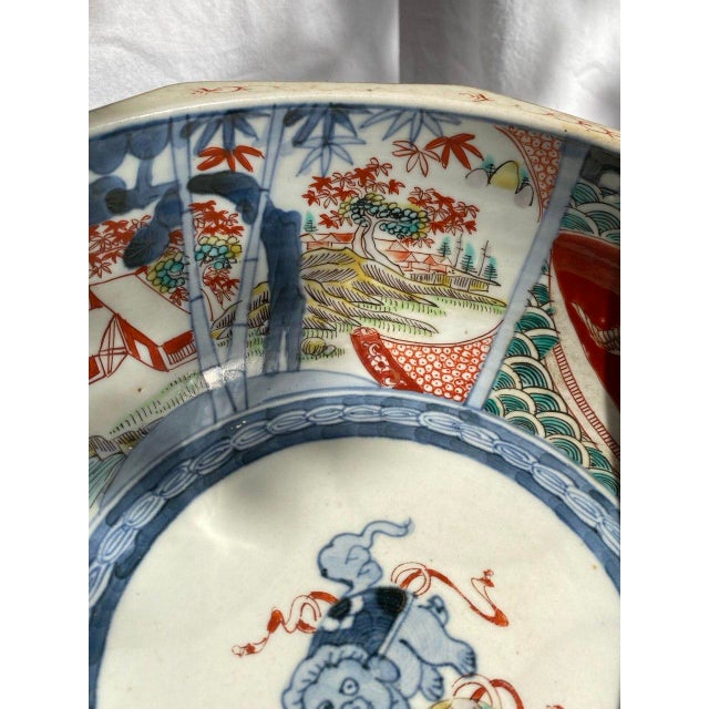 Large 19th Century Japanese Imari Octagonal Bowl With Karashishi & Landscape Panels For Sale In San Francisco - Image 6 of 18