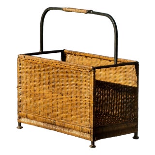 Wrought Iron & Rattan Magazine Rack in the style of Audoux-Minet, France, 1950s For Sale