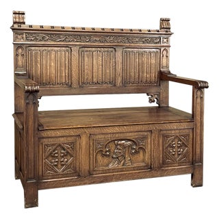Antique Gothic Revival Carved Hall Bench For Sale