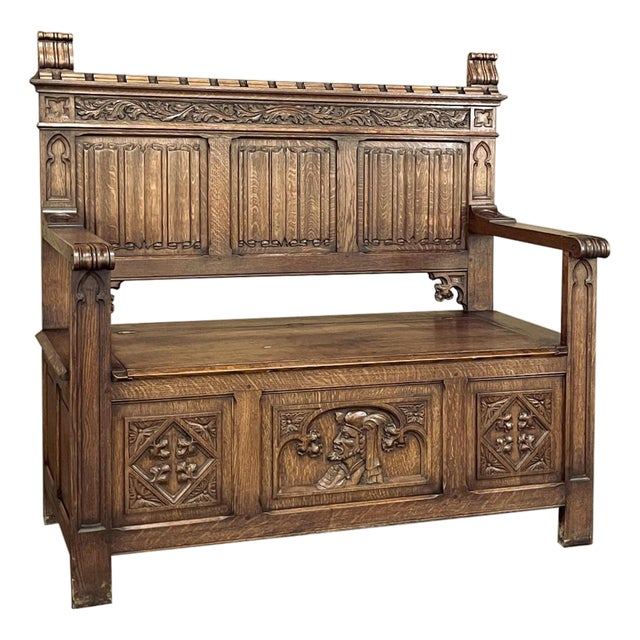 Antique Gothic Revival Carved Hall Bench For Sale