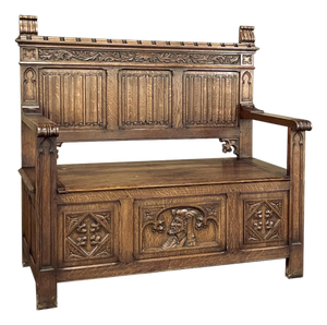 Antique Gothic Revival Carved Hall Bench