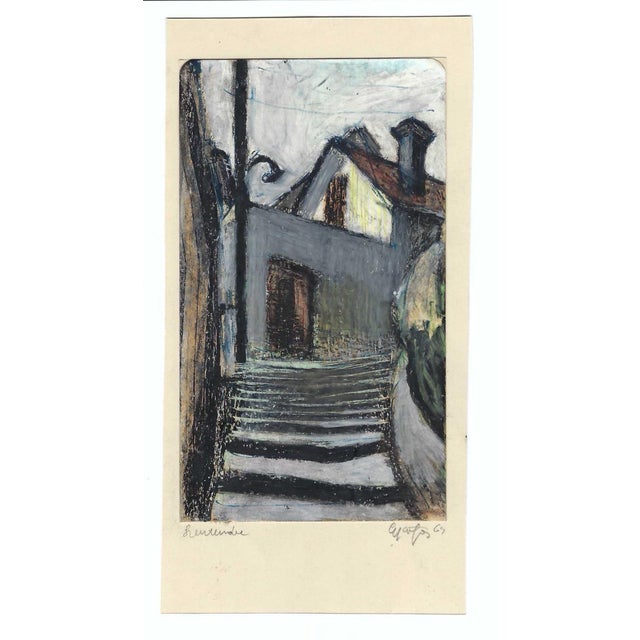 Painting on paper by Hungarian artist Gyarfas Gabor (born 1946) of the town of Szentendre, Hungary. Pencil signed, titled...