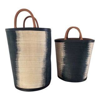 Made Goods Aubrie Handwoven T'Nanak Pattern Baskets. Black and Natural Ombre With Leather Trim and Handles - a Pair For Sale