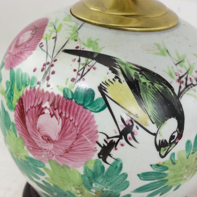 Famille Rose Antique Porcelain Vase Lamp With Bird and Floral Motif on Wood Base For Sale - Image 9 of 15