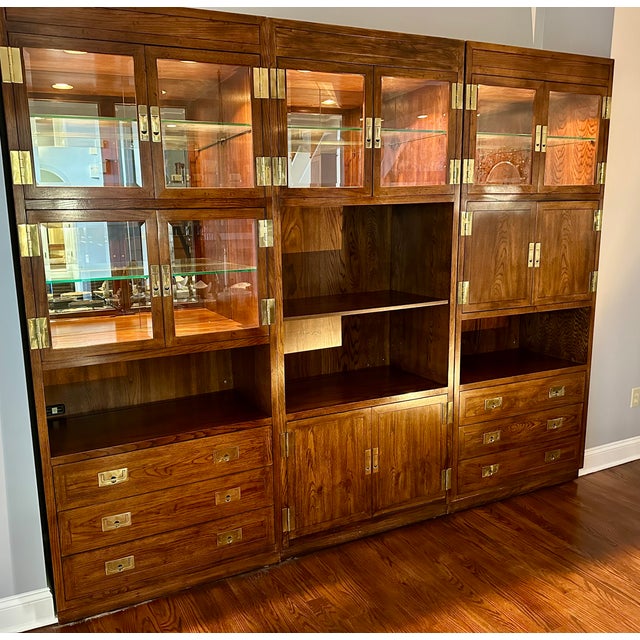 Campaign Vintage Henredon Campaign 3-Piece Wall Unit, Lighted Display Cabinet With Pull-Out Bar For Sale - Image 3 of 9