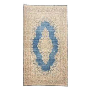 Antique Rug | Intricate Ivory & Beige Florals With Blue Medallion For Sale
