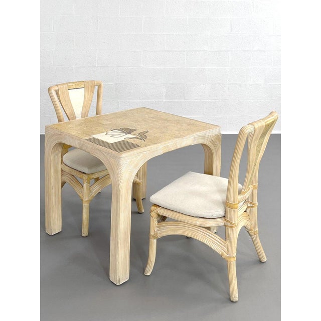 Square Rattan and Stone Marquetry Table with Matching Chairs, 1970s, Set of 3 For Sale - Image 12 of 13