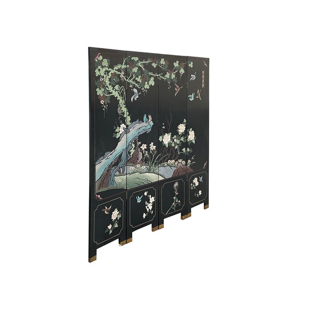 Chinese Black Base Color Flower Birds Graphic Floor Screen Divider For Sale - Image 15 of 16