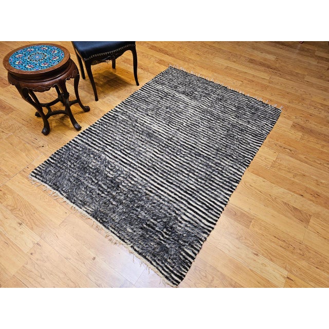 Vintage Turkish Tulu Rug, Handwoven, Shaggy Wool Pile, Stripe Design, 4' x 6' For Sale In Chicago - Image 6 of 14