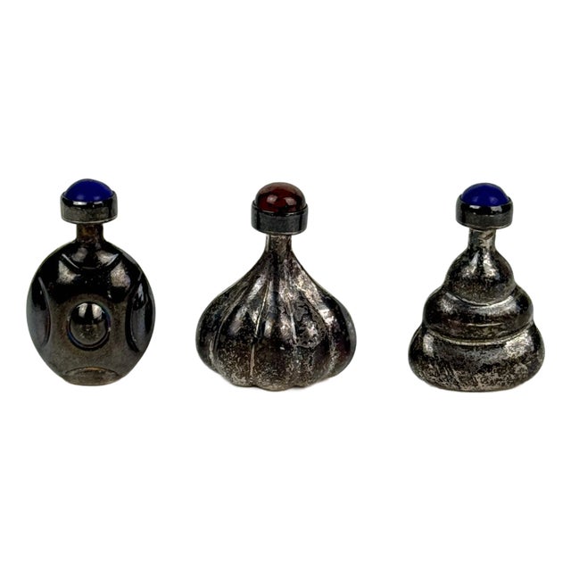 Set of 3 Vintage Modernist Taxco Hand Hammered Sterling Perfume/Snuff Bottles With Gems For Sale