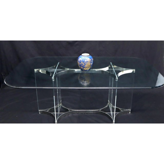 Gray Large Glass Top Lucite & Stainless Base Rectangle Dining Table w/ Rounded Corner For Sale - Image 8 of 13