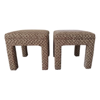 Mid 20th Century Pair of Parson's Style Stools Hollywood Regency Patterned Pillow Top Stool Set Parsons For Sale