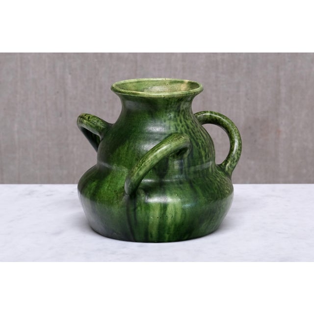 Belgian Art Nouveau Sculptural Green Glazed Tri-Handled Vase, 1910s For Sale - Image 11 of 11