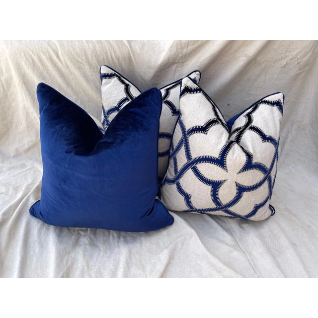 Beautiful Trio of Blue Velvet/Khaki pillows with a star type pattern. Back side a jewel tone blue velvet and front side...