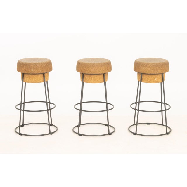 Set of Three Radice and Orlandini for Domitalia "Bouchon" Bar Stools, the circular cork seat mounted on gray patinated...