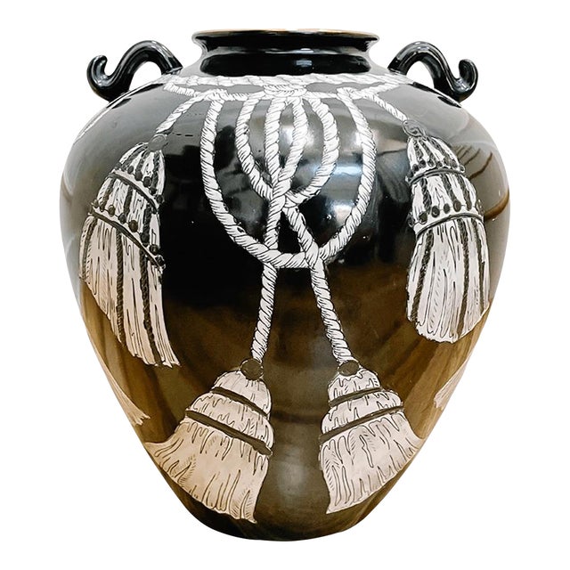 Mid 20th Century Monochromatic Black Greek Urn With White Tassels For Sale