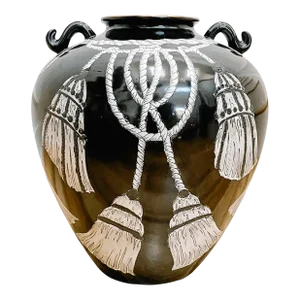 Mid 20th Century Monochromatic Black Greek Urn With White Tassels