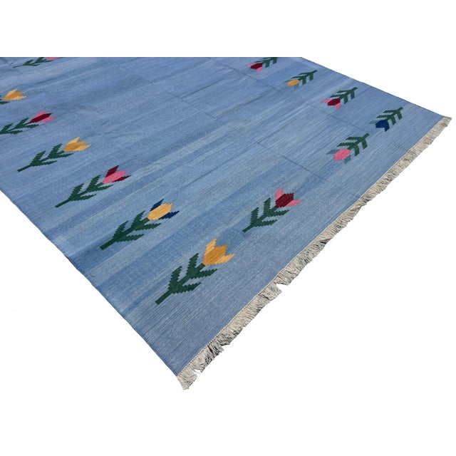 Handmade Cotton Vegetable Dyed Flat Weave Area Rug, Sky Blue Leaf Dhurrie - 8'x10' For Sale - Image 6 of 13