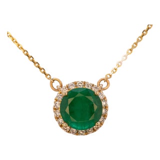 1.8Ct Zambian Emerald Necklace With Natural Diamond Accents: Solid 14k Gold, 8mm For Sale