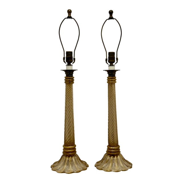 Mid 20th Century Mid Century Hand Made Italian Murano Goldstone Art Glass Table Lamp Bases - a Pair For Sale