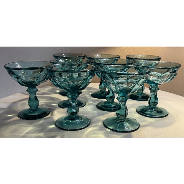 1950s Vintage Mid-Century Teal/Turquoise Champagne or Sherbet Glasses - Set of 9 For Sale - Image 5 of 10