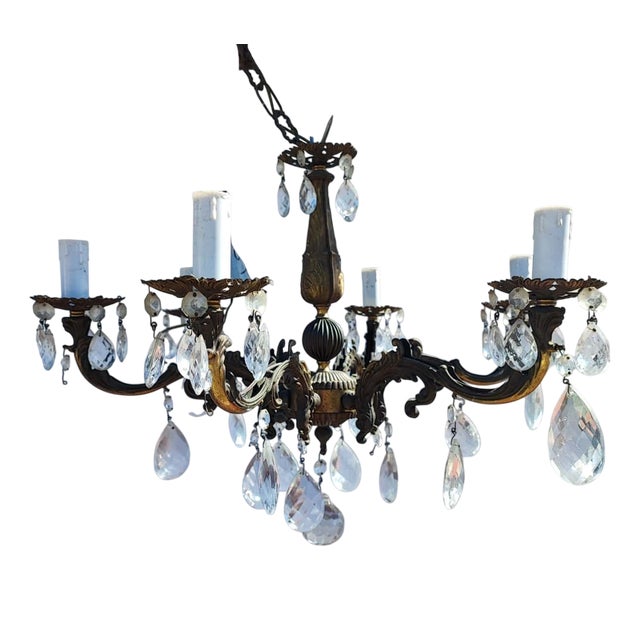 Vintage Six-Armed Chandelier with Glass Drops For Sale