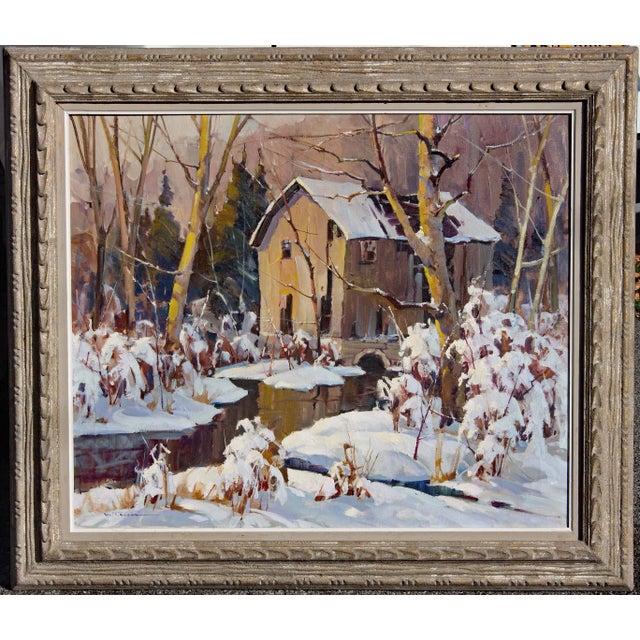 Peaceful winter landscape painting by Walter Sacks. Oil on canvas. In high quality original frame. Signed lower left....