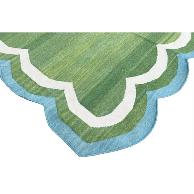 Handmade Cotton Area Rug, Flat Weave Moss Green Scalloped Dhurrie Teal Blue Border - 4'x6' For Sale - Image 6 of 10