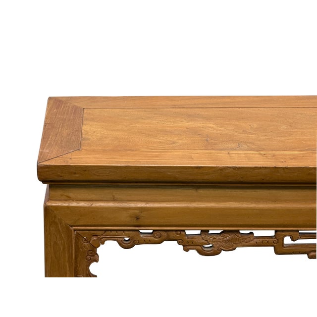 Vintage Oriental Light Brown Dragon Motif Apron Wood Bench Table For Sale - Image 10 of 13
