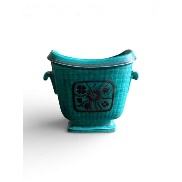 Gustavsberg 1940s Wilhelm Kåge for Gustavsberg Floral “Argenta” Teal Stoneware Vase, Sweden For Sale - Image 4 of 7