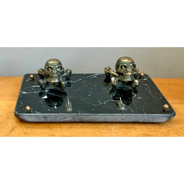 Victorian Vintage Brass Skull and Crossbones Inkwell For Sale - Image 3 of 12