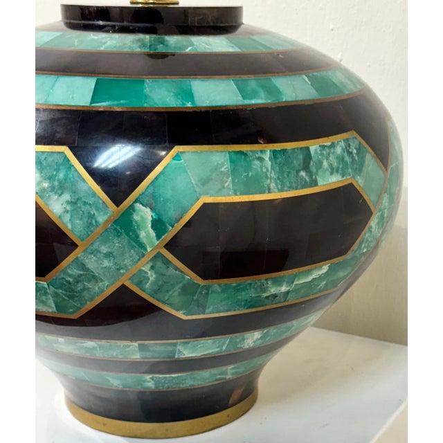 Karl Springer Style Coromandel, Malachite Lacquer & Brass Inlaid Table Lamp For Sale - Image 9 of 12
