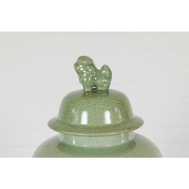 Crackle Green Celadon Lidded Vase with Stylized Foo Dog Finial For Sale - Image 4 of 12