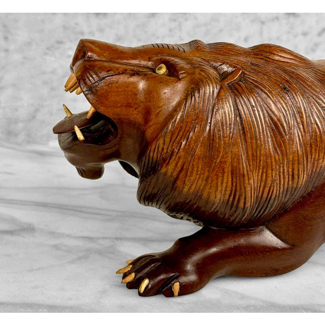 Brown Vintage 15" Traditional Mahogany Lion Carved Sculpture For Sale - Image 8 of 11