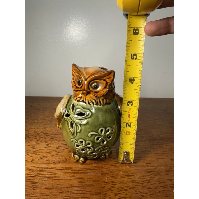 Vintage Ceramic Owl Figurine Incense Holder Green Brown Glaze Pierced Pottery For Sale - Image 9 of 9