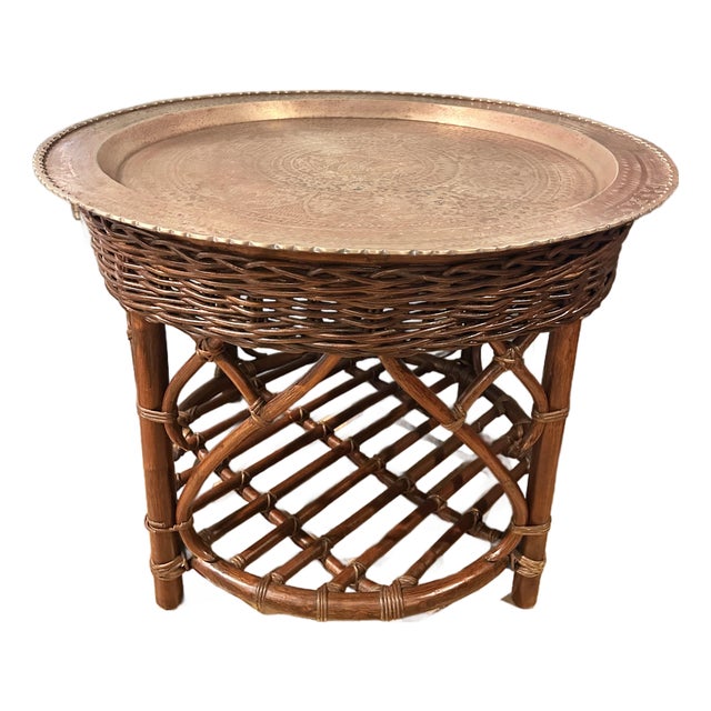 Early to Mid 20th Century Round Rattan and Wicker Table With Moroccan Etched Brass Tray Top For Sale