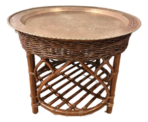 Early to Mid 20th Century Round Rattan and Wicker Table With Moroccan Etched Brass Tray Top