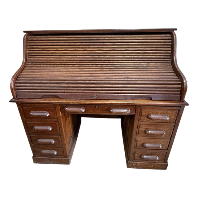 1970s National Mount Airy Furniture Roll Top Oak S Curve Desk For Sale