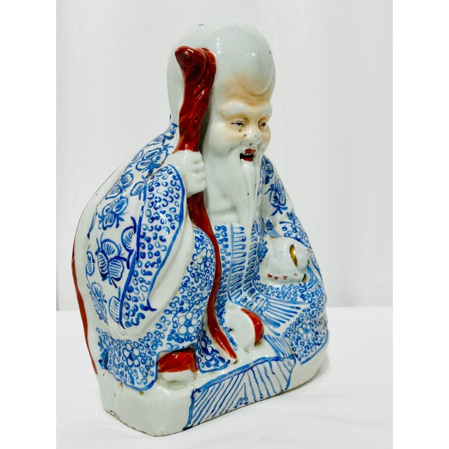 Hand Painted Chinese Blue & White Asian Porcelain Immortal Figure With Cane For Sale In Raleigh - Image 6 of 11