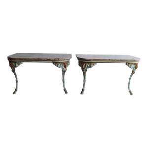 "The Gordon " Pair of Marble Top and Iron Console Tables With Gold Gilt Rams Heads and Hoof Feet