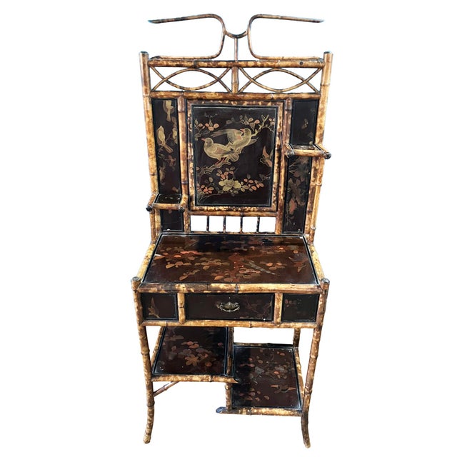 1920s Victorian Tortoiseshell Bamboo & Japanned Lacquer Bonheur Du Jour Writing Desk For Sale - Image 4 of 16