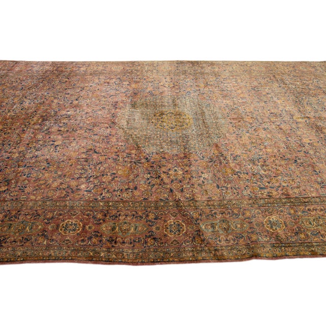 1900 - 1909 1900s Rust Antique Kerman Handmade Rosette Designed Persian Wool Rug For Sale - Image 5 of 9