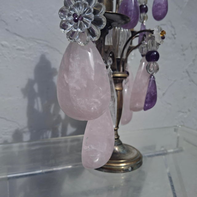 19th Century Opulent French Louis XV Huge Natural Rose Quartz, Amethyst and Clear Quartz Rock Crystal Girandole, Table Lamp For Sale - Image 12 of 18