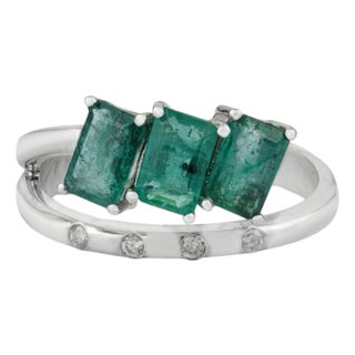 925 Silver Three-Stone Emerald Ring With Diamond Accents, Size 6.5 For Sale